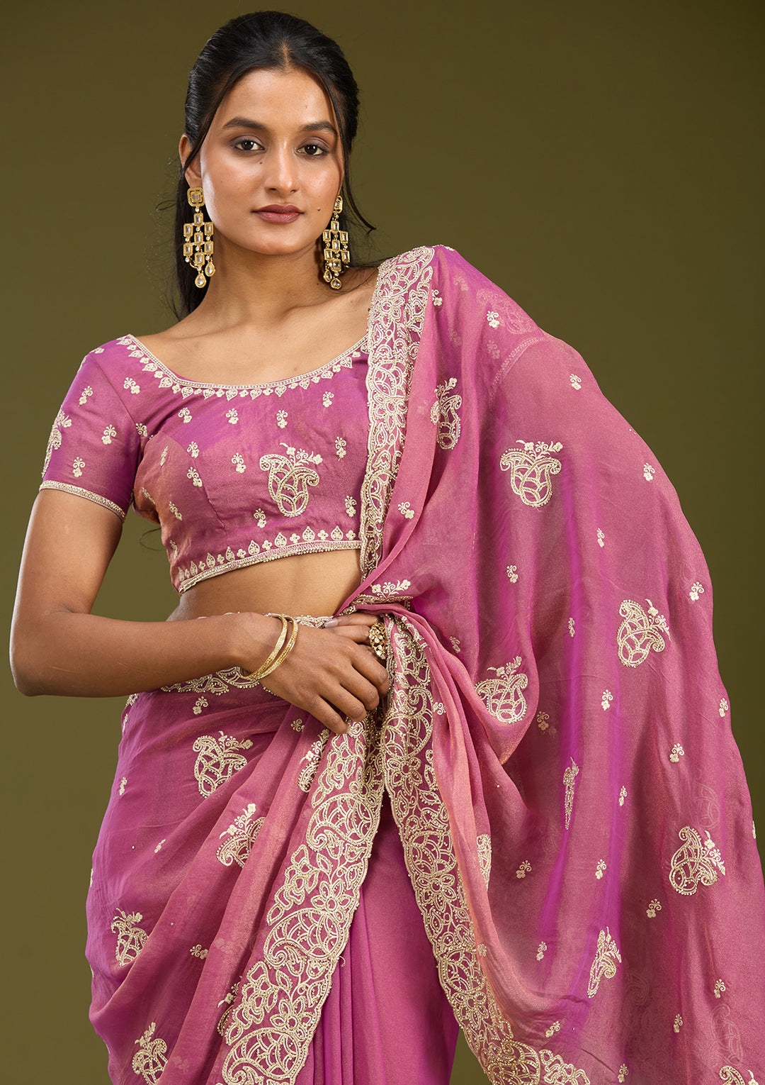 Onion Pink Tissue Silver Zariwork Saree With Matching Blouse Piece