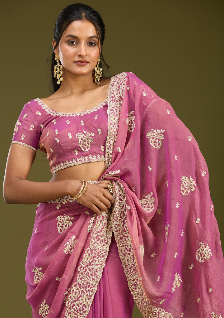 Onion Pink Tissue Silver Zariwork Saree With Matching Blouse Piece