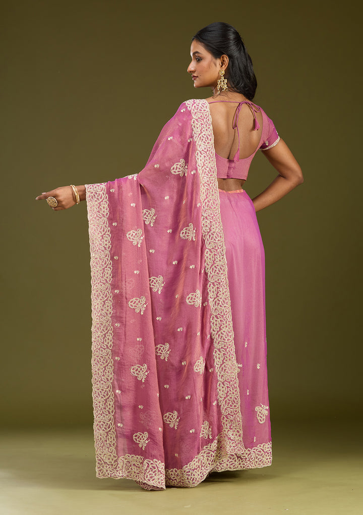 Onion Pink Tissue Silver Zariwork Saree With Matching Blouse Piece