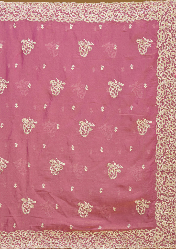 Onion Pink Tissue Silver Zariwork Saree With Matching Blouse Piece
