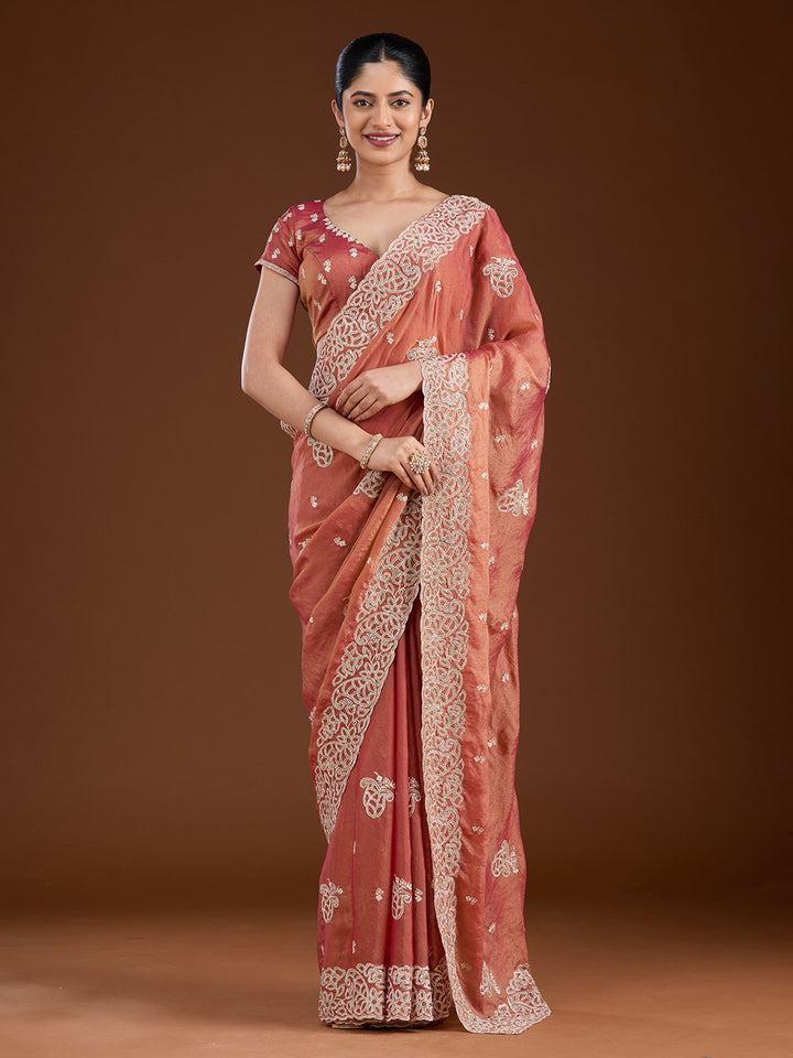 Rust Tissue Silver Zariwork Saree With Matching Blouse Piece