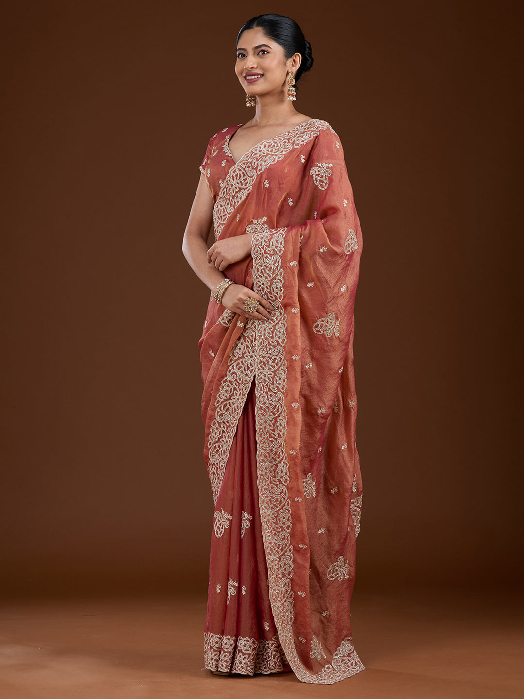 Rust Tissue Silver Zariwork Saree With Matching Blouse Piece