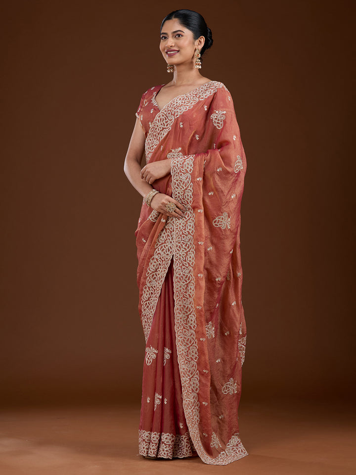 Rust Tissue Silver Zariwork Saree With Matching Blouse Piece