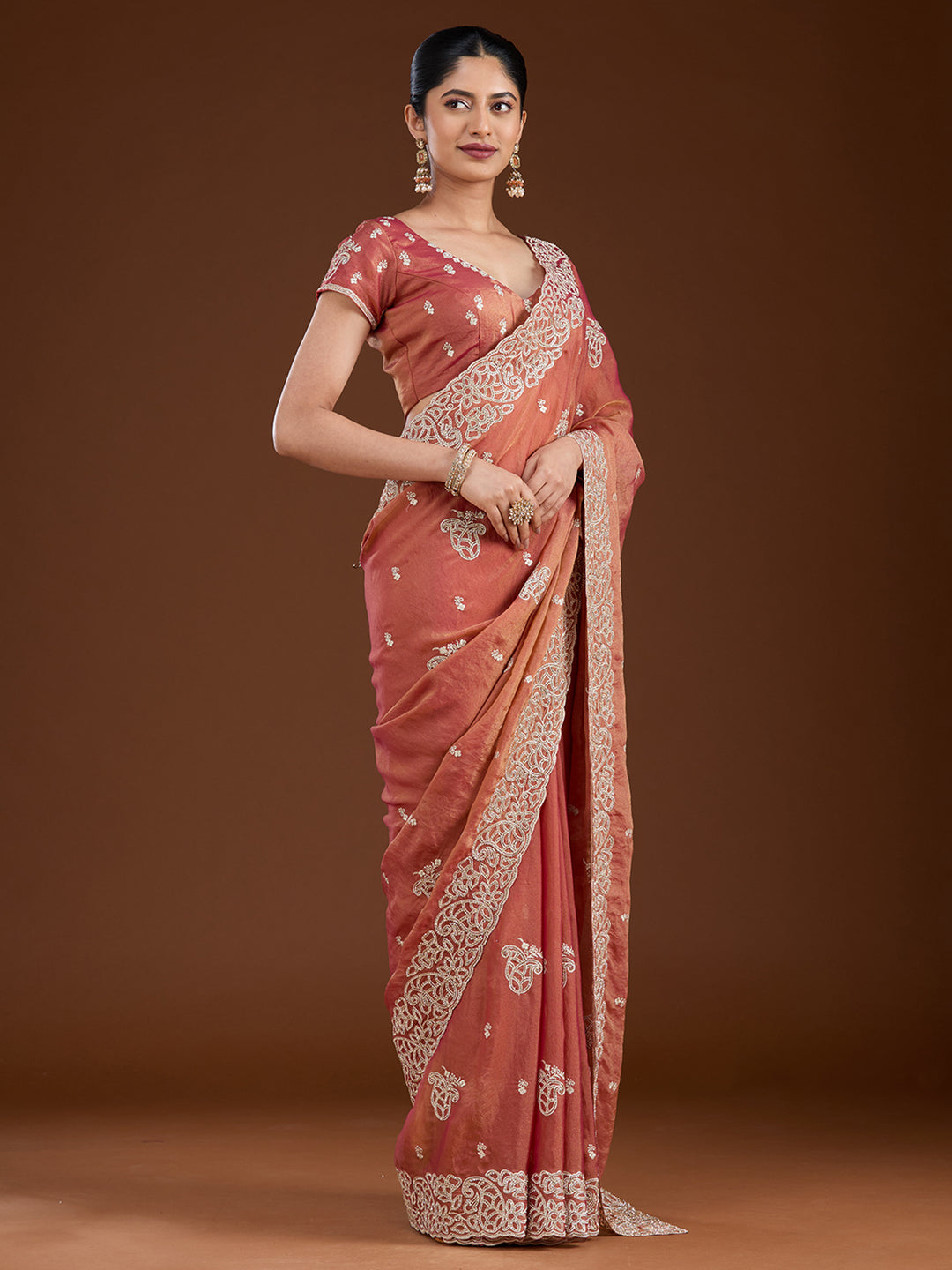 Rust Tissue Silver Zariwork Saree With Matching Blouse Piece