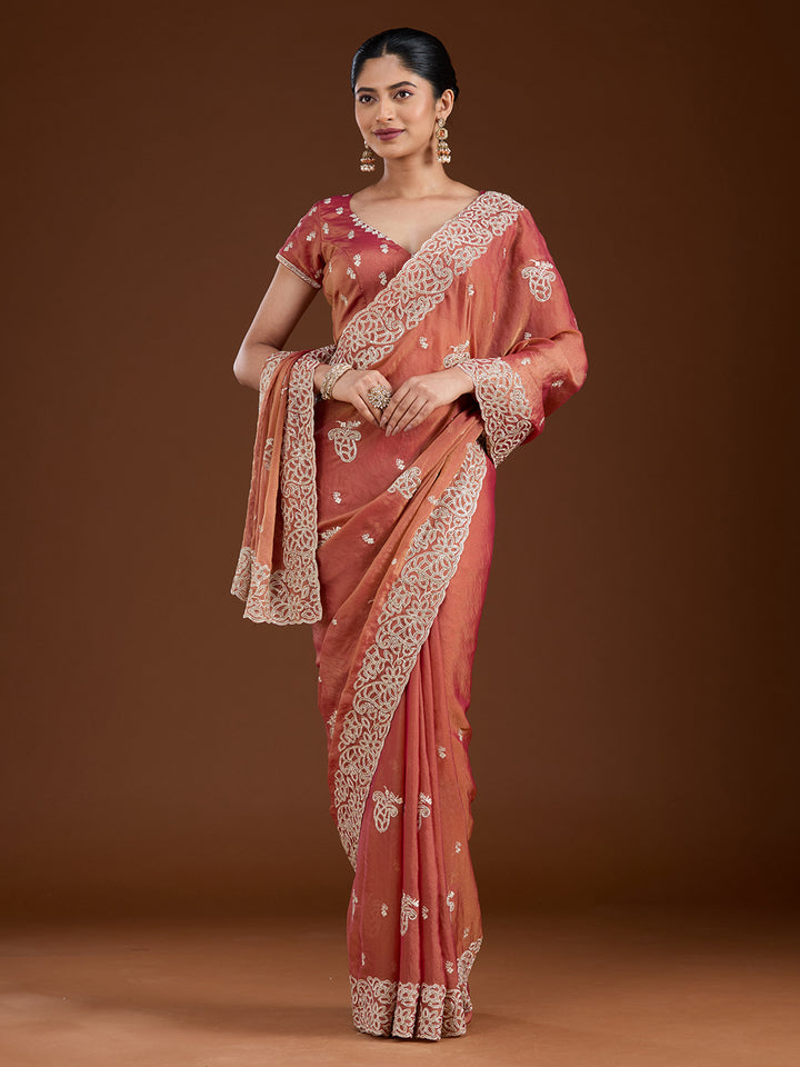 Rust Tissue Silver Zariwork Saree With Matching Blouse Piece