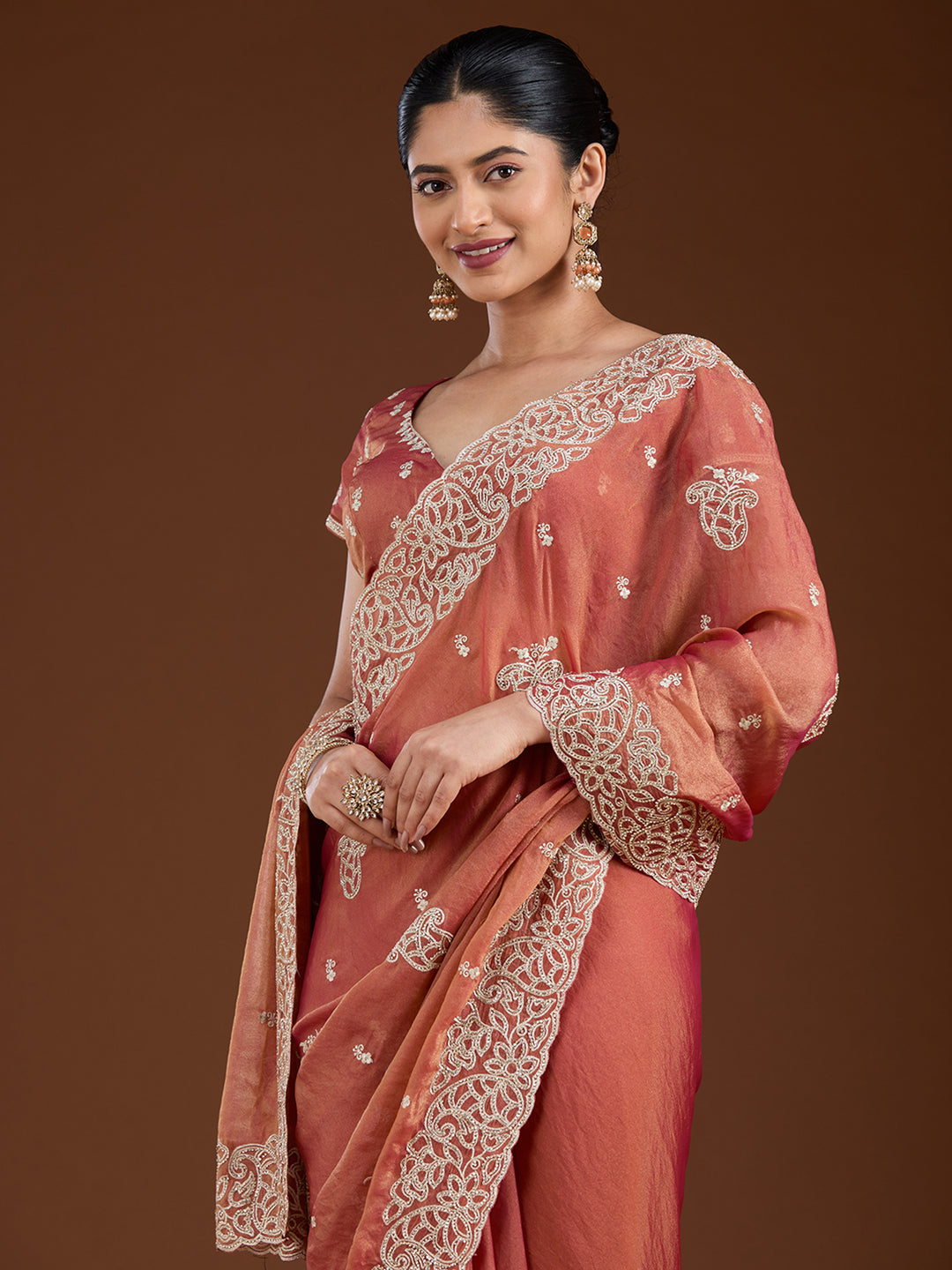 Rust Tissue Silver Zariwork Saree With Matching Blouse Piece