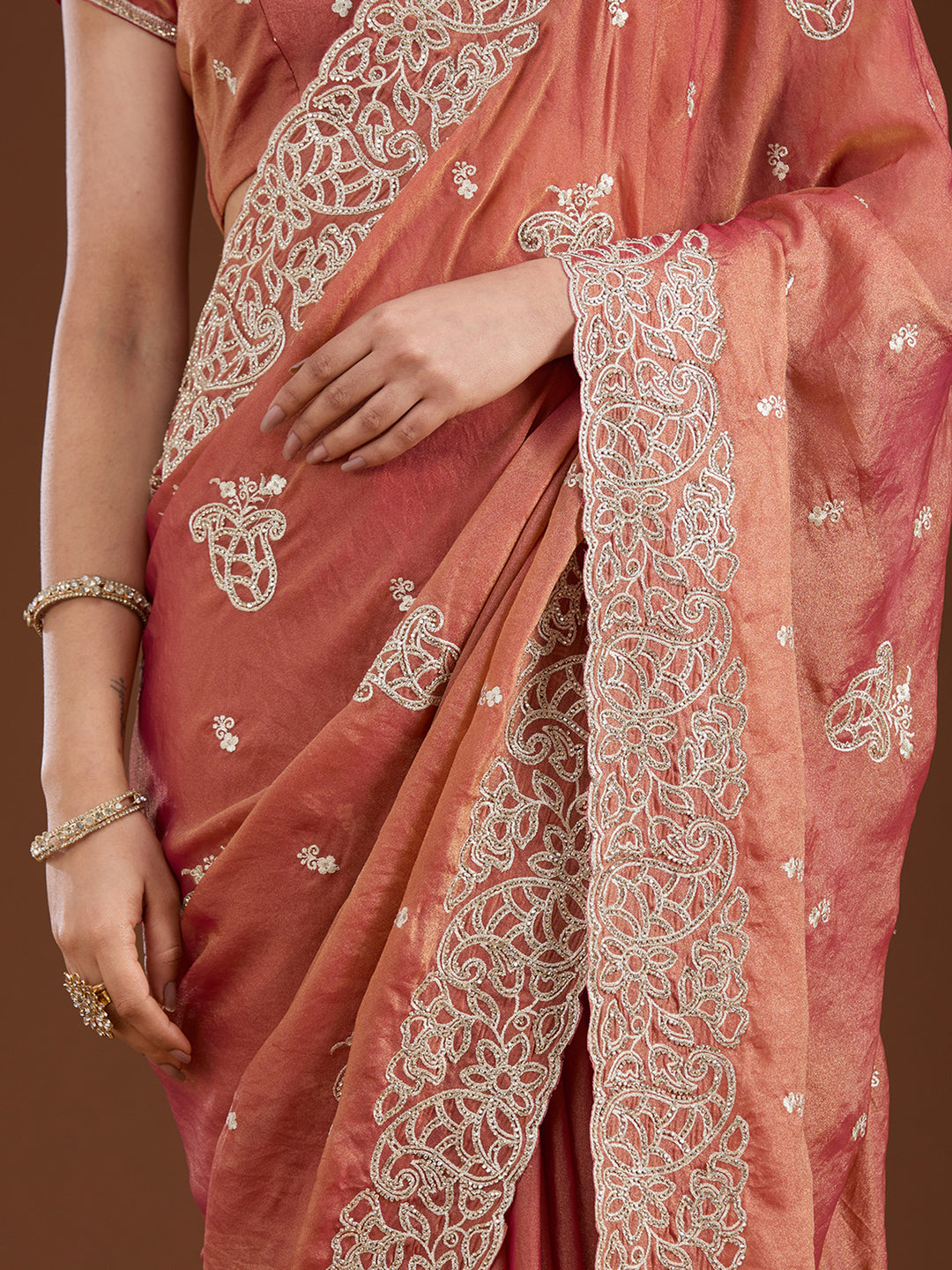 Rust Tissue Silver Zariwork Saree With Matching Blouse Piece