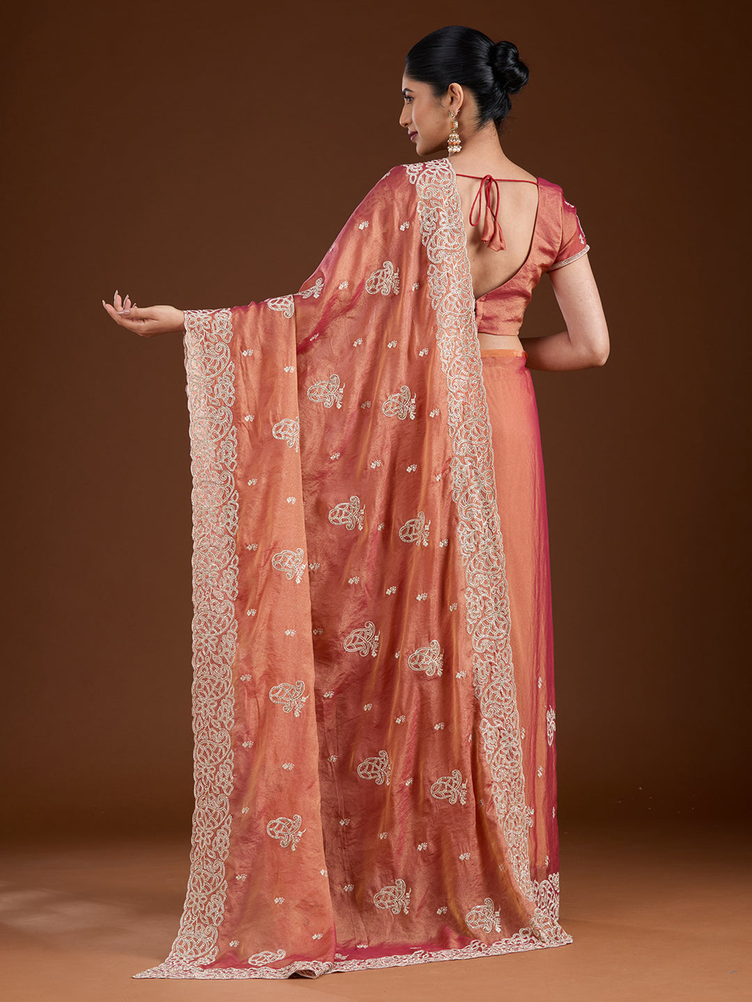 Rust Tissue Silver Zariwork Saree With Matching Blouse Piece