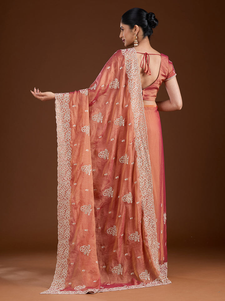 Rust Tissue Silver Zariwork Saree With Matching Blouse Piece