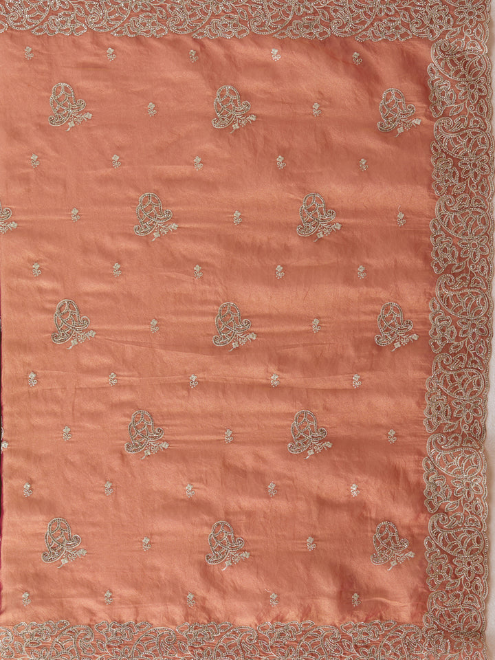 Rust Tissue Silver Zariwork Saree With Matching Blouse Piece