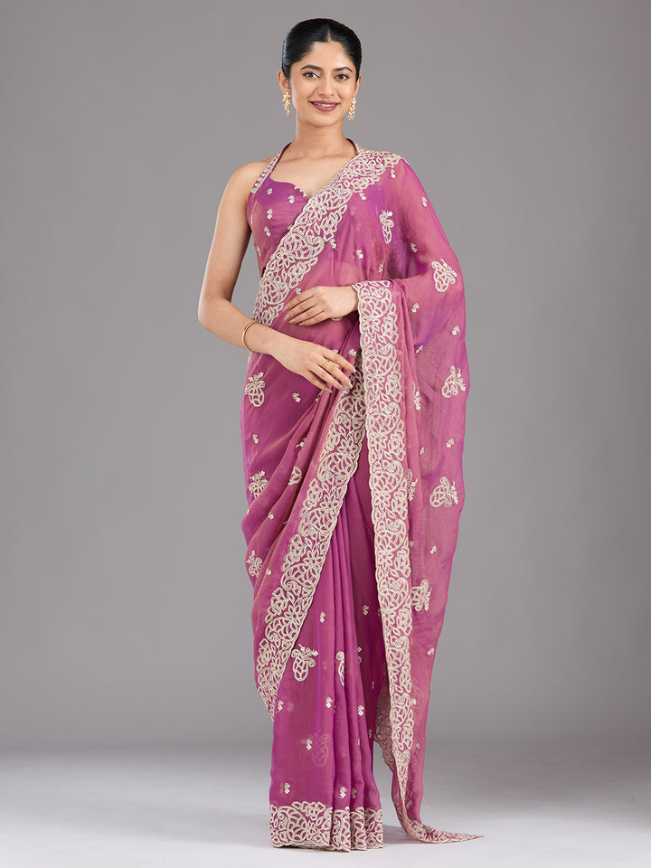 Wine Tissue Silver Zariwork Saree With Matching Blouse Piece