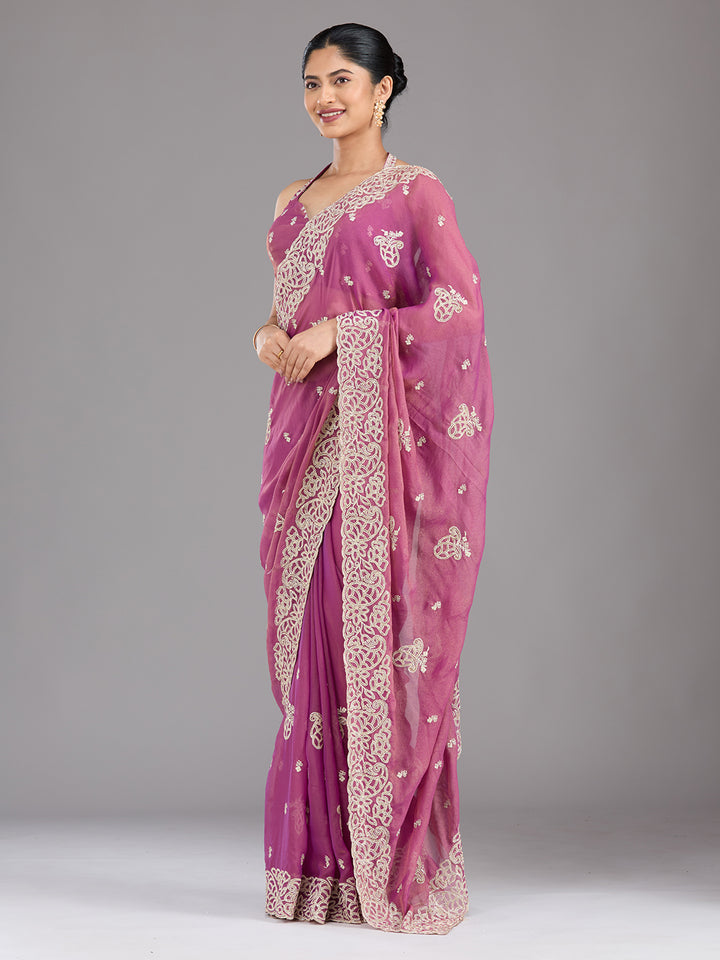 Wine Tissue Silver Zariwork Saree With Matching Blouse Piece