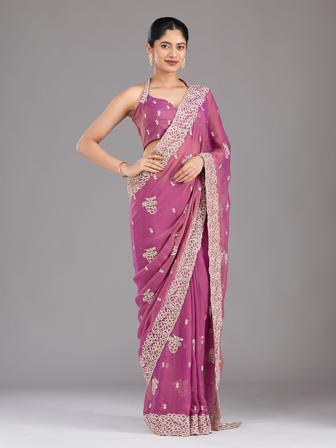 Wine Tissue Silver Zariwork Saree With Matching Blouse Piece