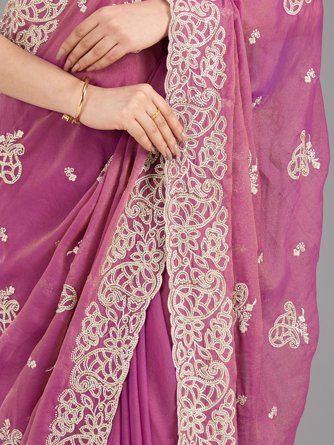 Wine Tissue Silver Zariwork Saree With Matching Blouse Piece