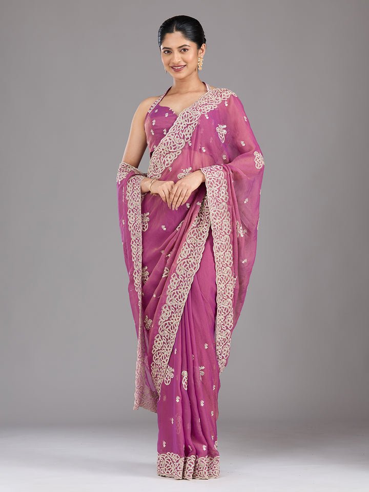 Wine Tissue Silver Zariwork Saree With Matching Blouse Piece