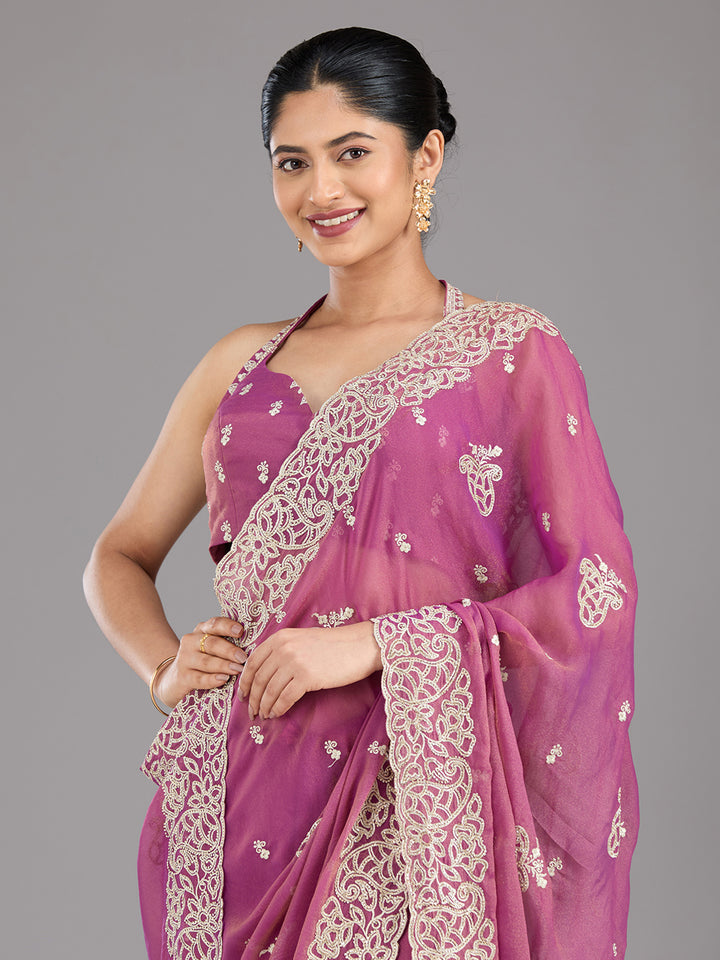 Wine Tissue Silver Zariwork Saree With Matching Blouse Piece