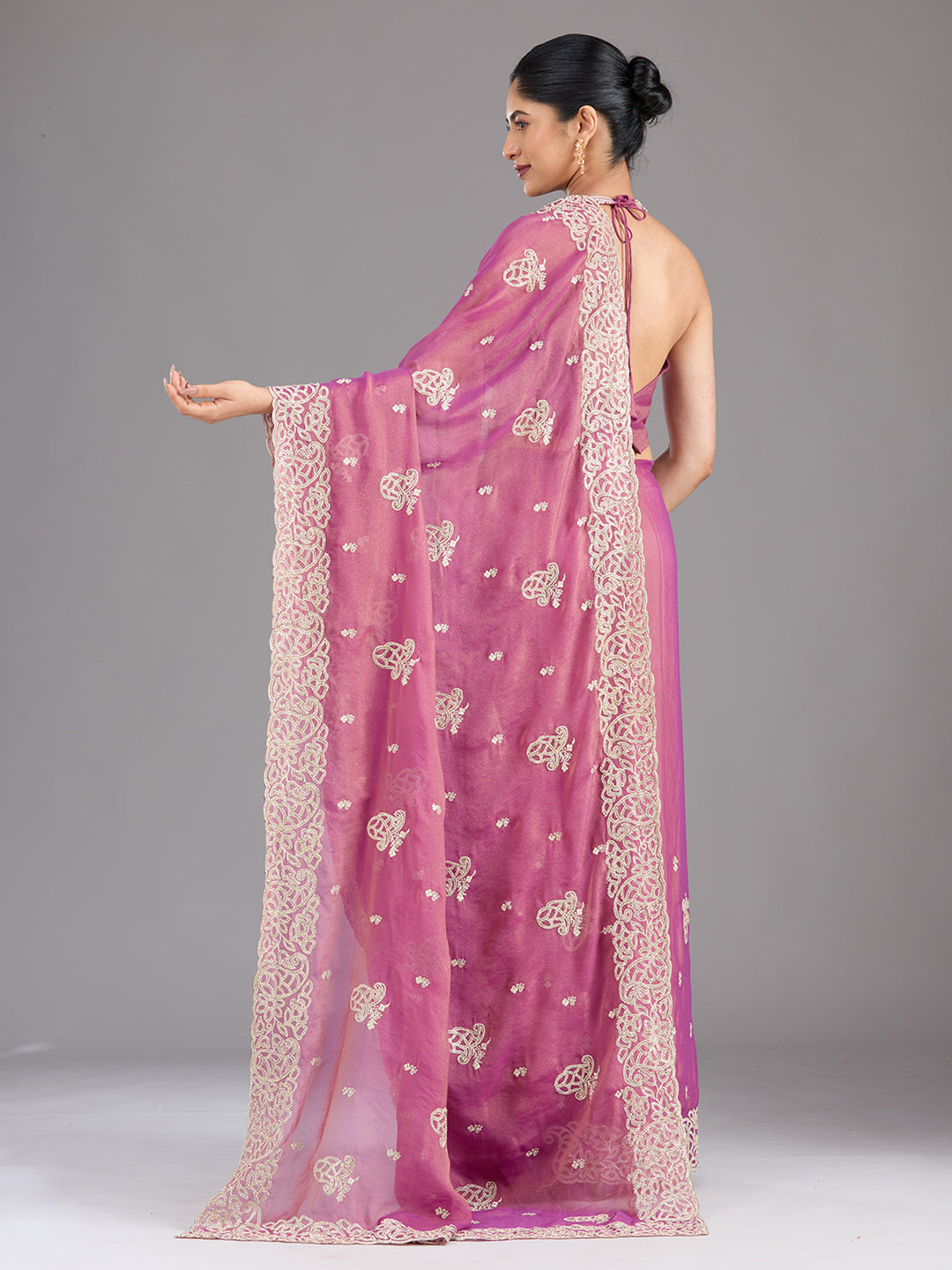 Wine Tissue Silver Zariwork Saree With Matching Blouse Piece