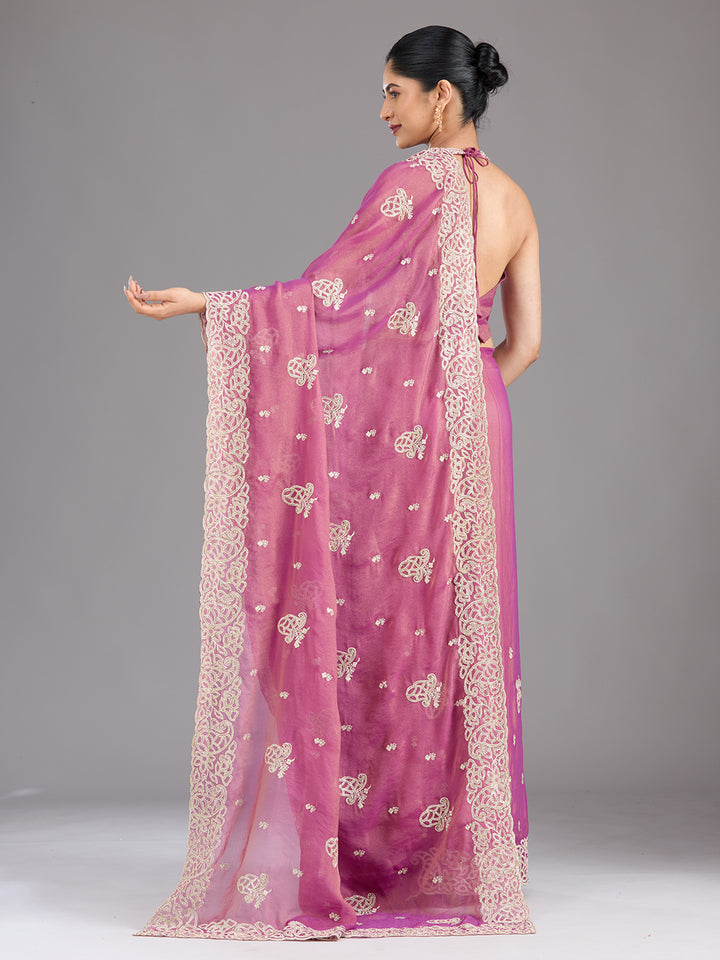 Wine Tissue Silver Zariwork Saree With Matching Blouse Piece