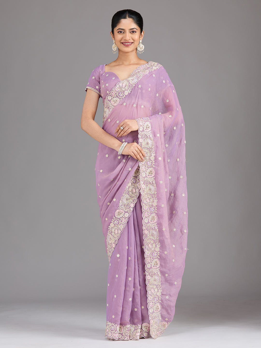 Lavender Tissue Threadwork Saree With Matching Blouse Piece