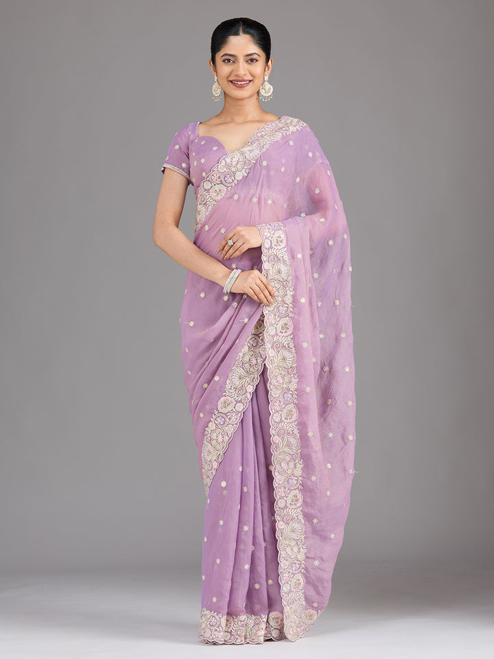 Lavender Tissue Threadwork Saree With Matching Blouse Piece