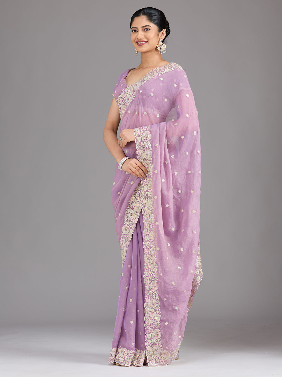 Lavender Tissue Threadwork Saree With Matching Blouse Piece