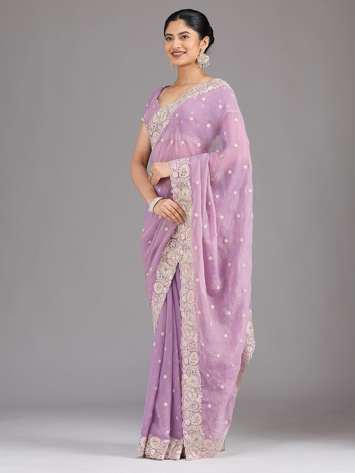 Lavender Tissue Threadwork Saree With Matching Blouse Piece