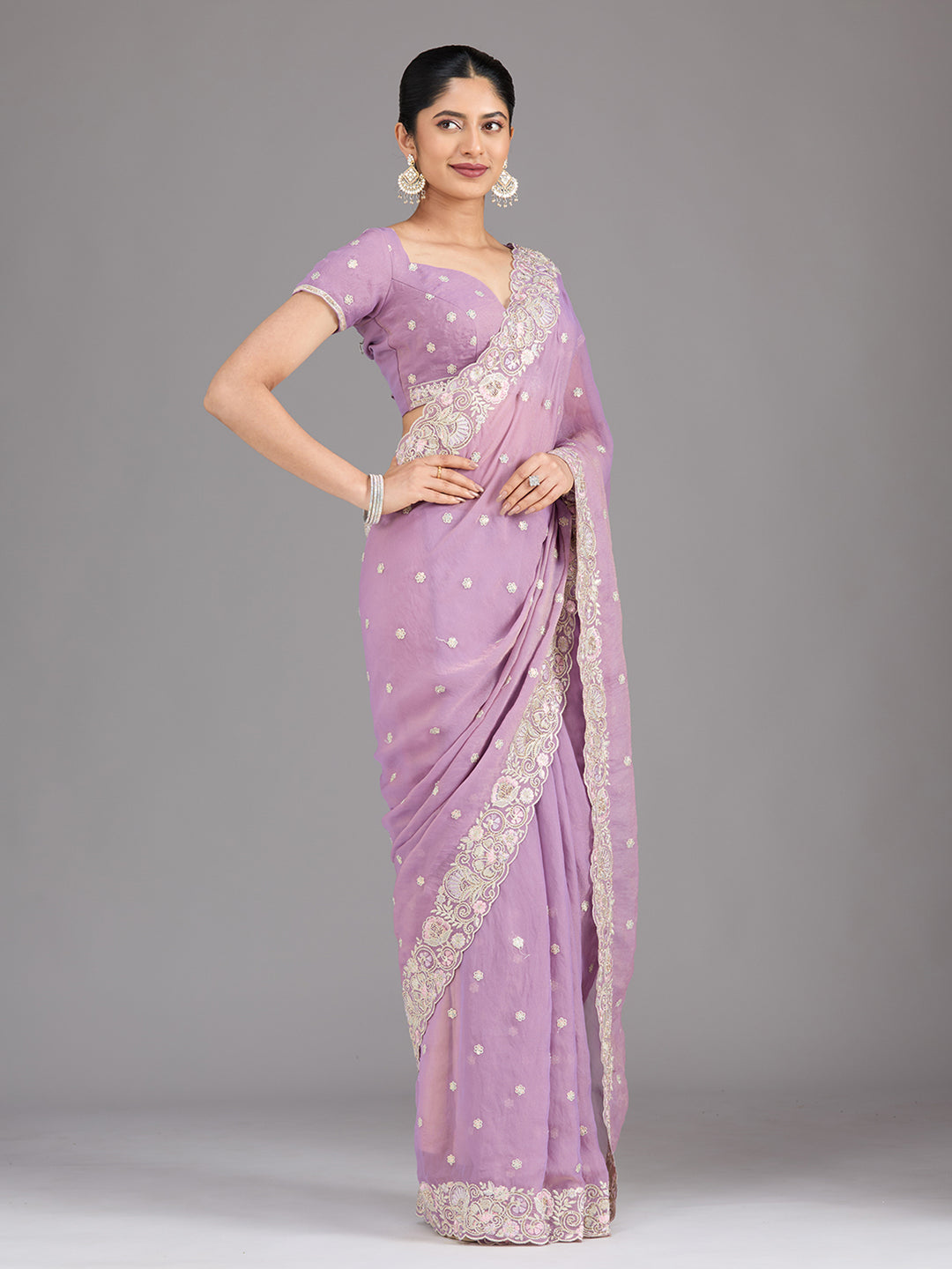 Lavender Tissue Threadwork Saree With Matching Blouse Piece