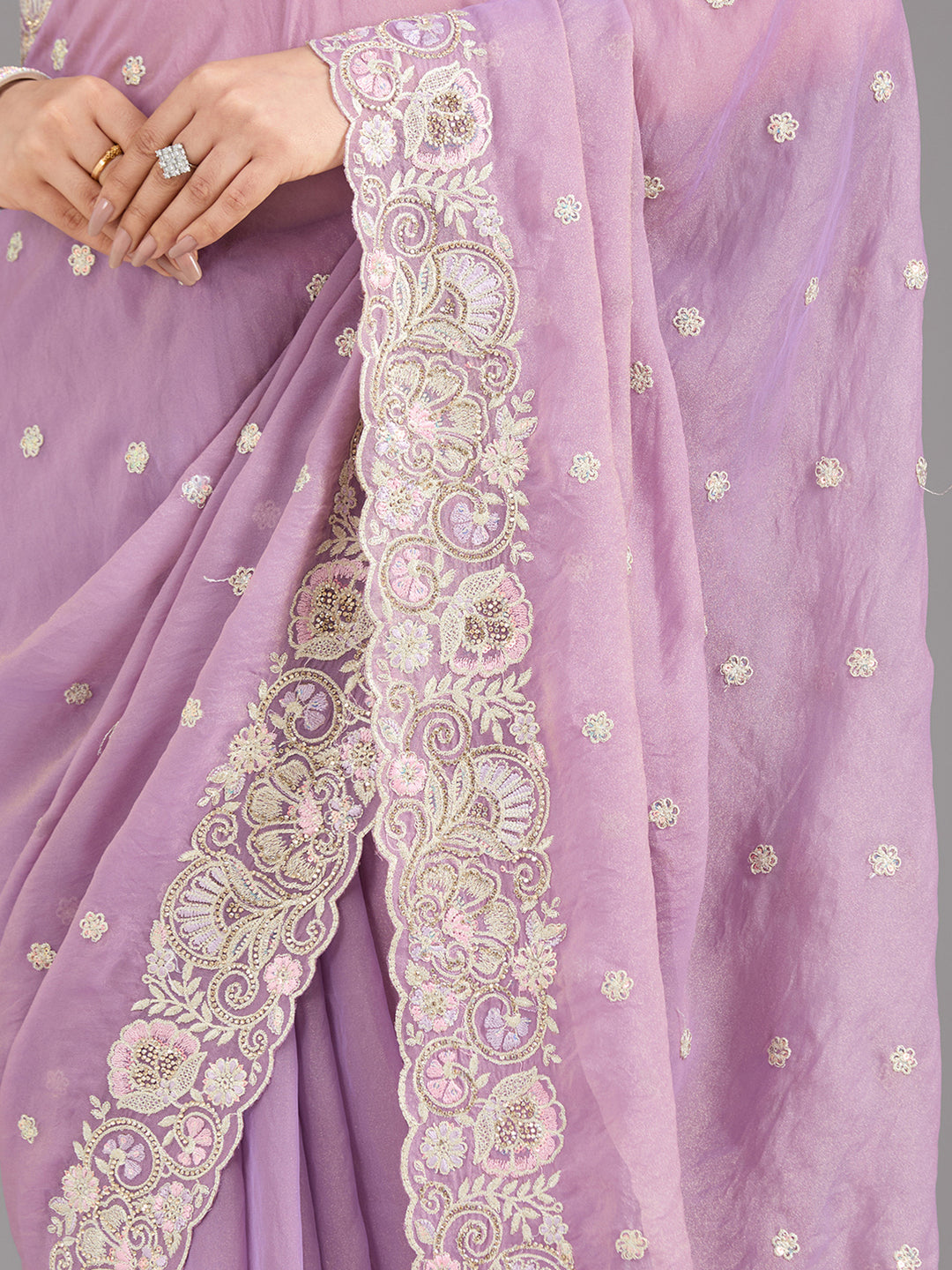 Lavender Tissue Threadwork Saree With Matching Blouse Piece