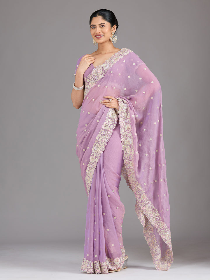 Lavender Tissue Threadwork Saree With Matching Blouse Piece