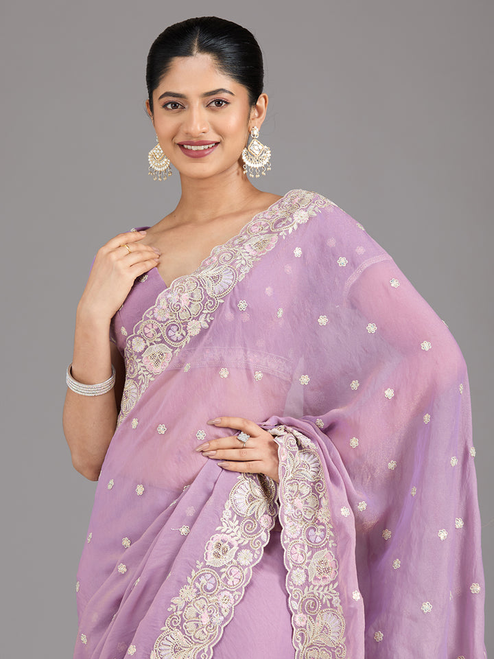 Lavender Tissue Threadwork Saree With Matching Blouse Piece