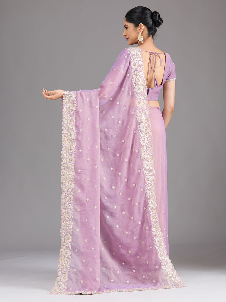 Lavender Tissue Threadwork Saree With Matching Blouse Piece