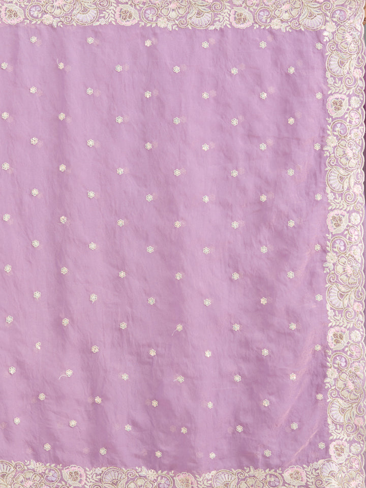 Lavender Tissue Threadwork Saree With Matching Blouse Piece