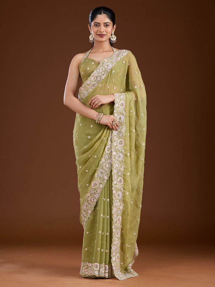 Pista Green Tissue Threadwork Saree With Matching Blouse Piece