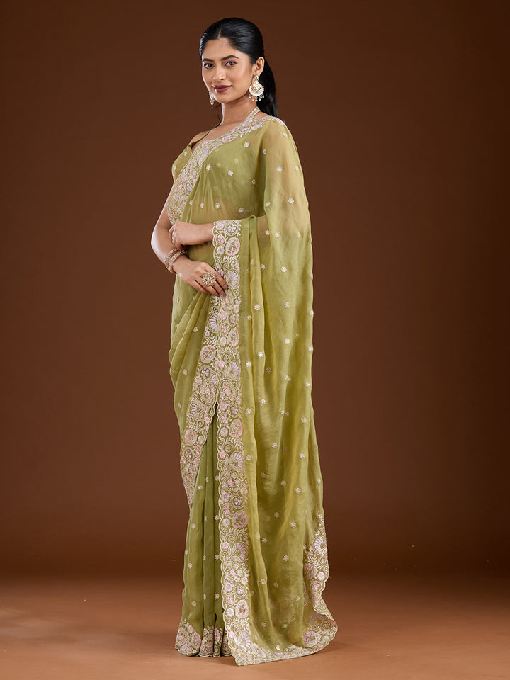 Pista Green Tissue Threadwork Saree With Matching Blouse Piece