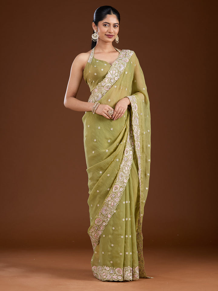 Pista Green Tissue Threadwork Saree With Matching Blouse Piece