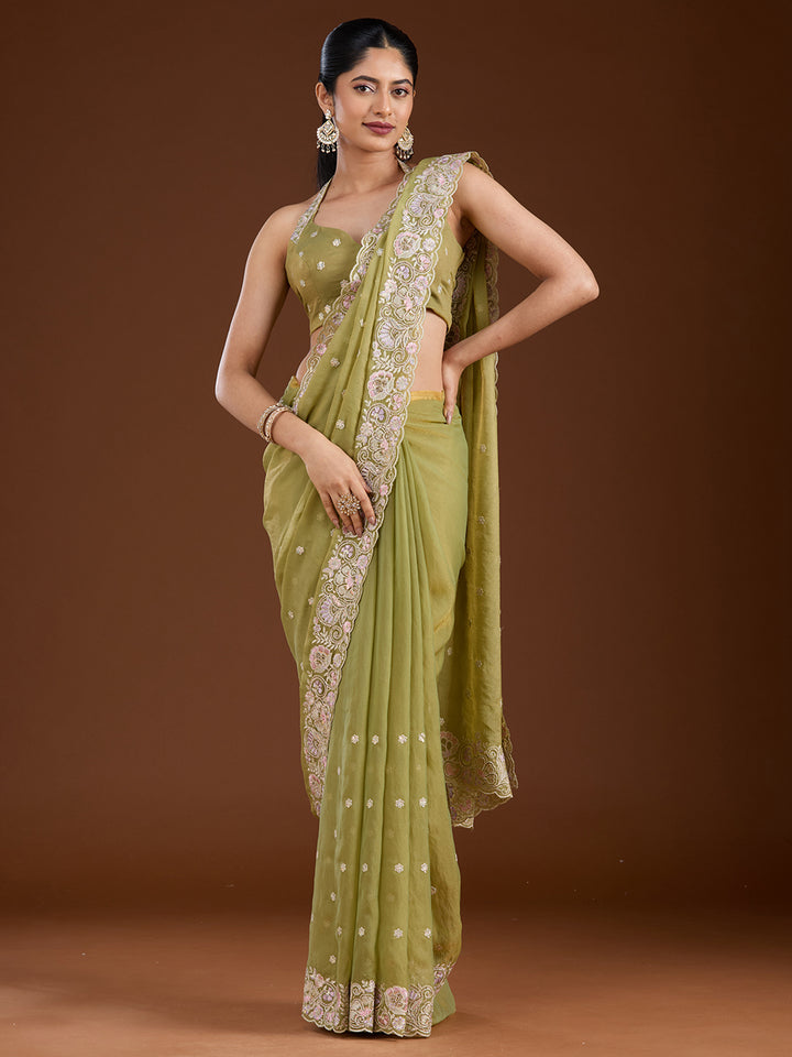 Pista Green Tissue Threadwork Saree With Matching Blouse Piece
