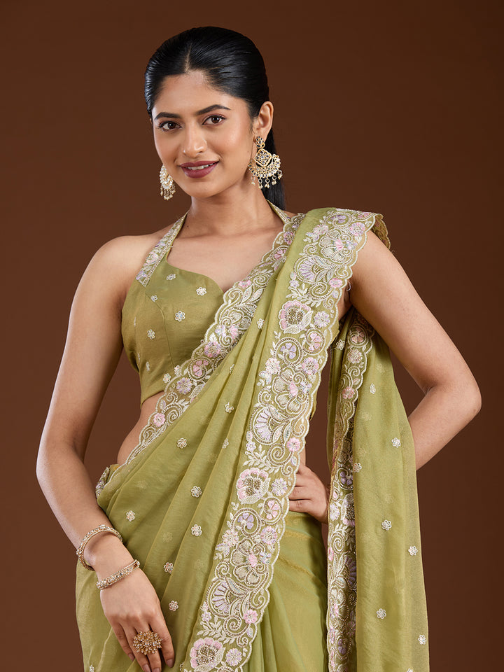 Pista Green Tissue Threadwork Saree With Matching Blouse Piece