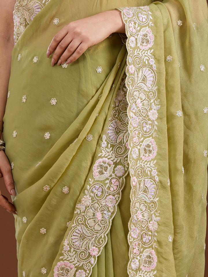 Pista Green Tissue Threadwork Saree With Matching Blouse Piece