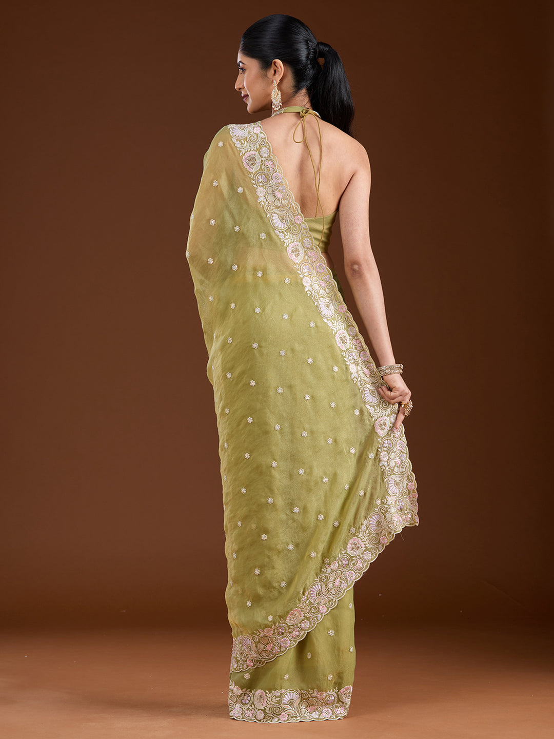 Pista Green Tissue Threadwork Saree With Matching Blouse Piece