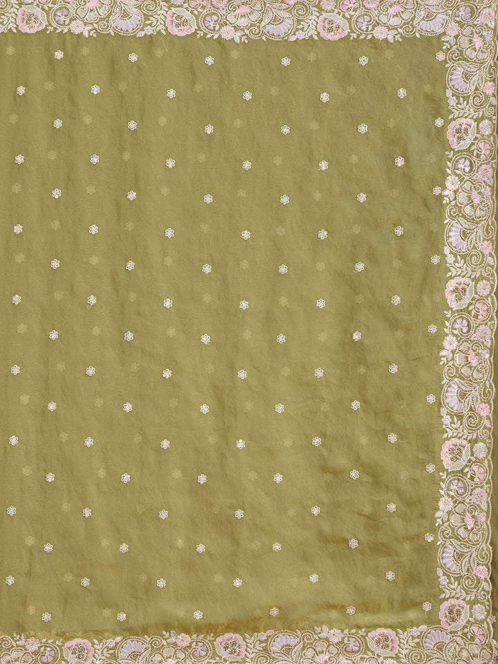 Pista Green Tissue Threadwork Saree With Matching Blouse Piece