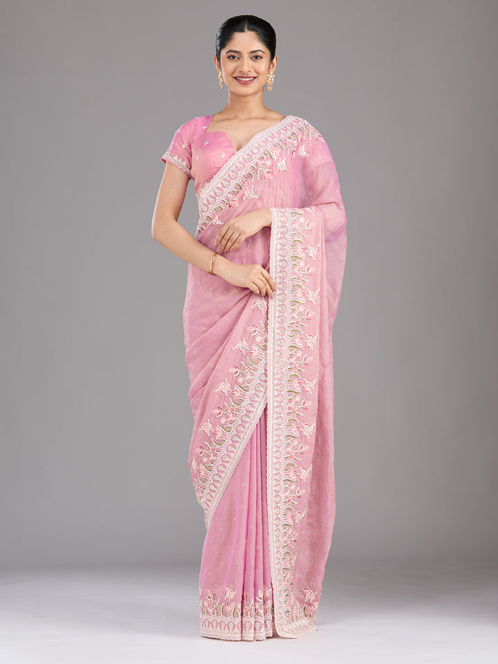 Onion Pink Chiffon Threadwork Saree With Matching Blouse Piece