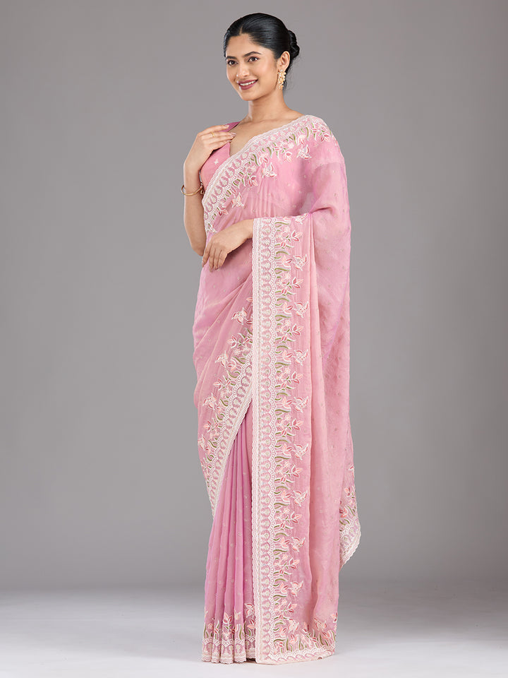 Onion Pink Chiffon Threadwork Saree With Matching Blouse Piece