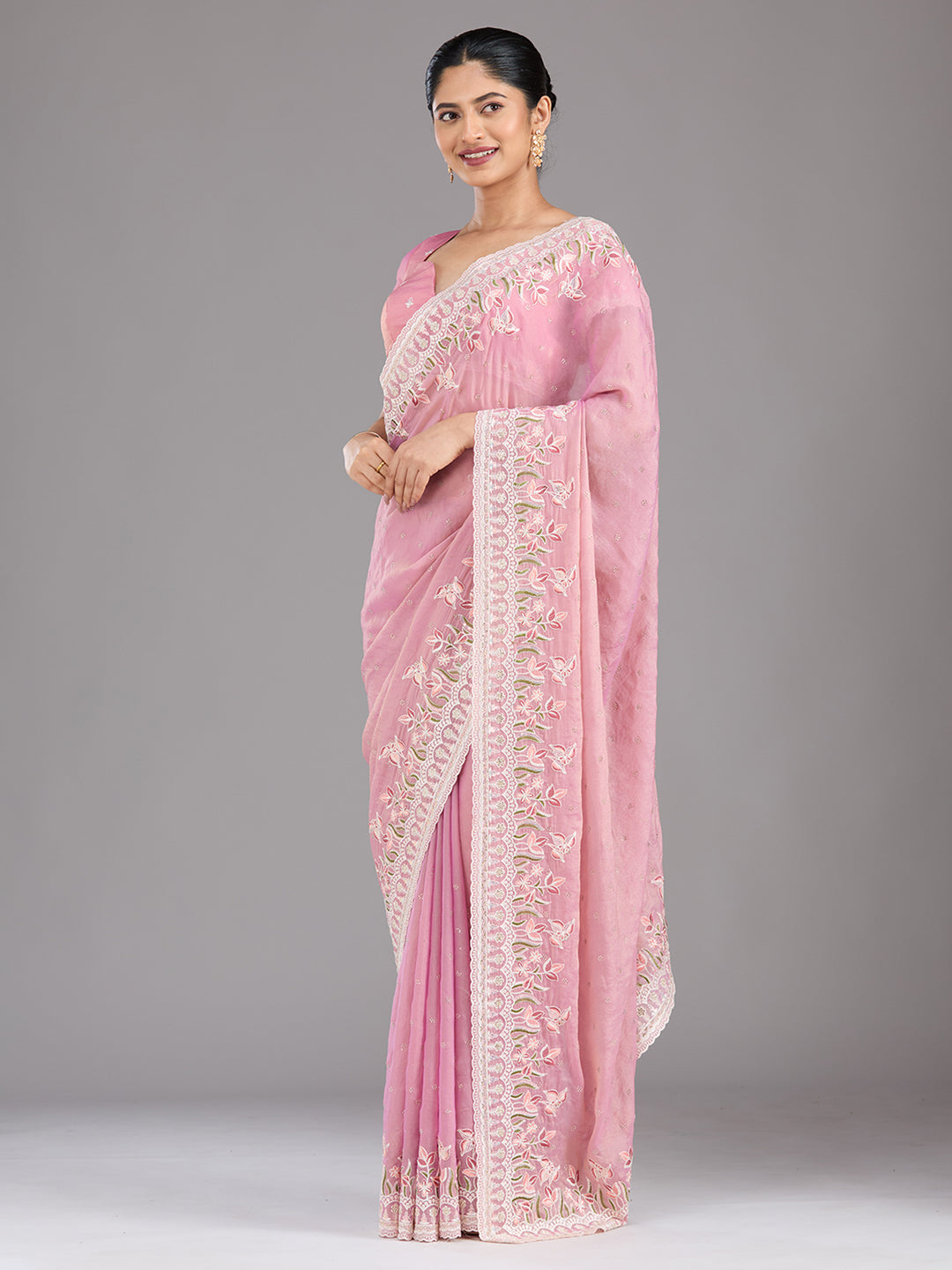 Onion Pink Chiffon Threadwork Saree With Matching Blouse Piece