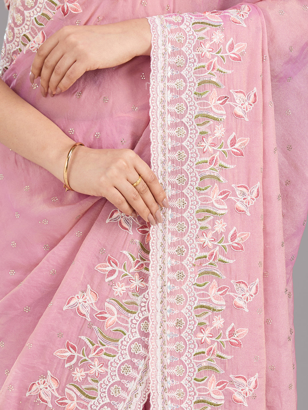 Onion Pink Chiffon Threadwork Saree With Matching Blouse Piece