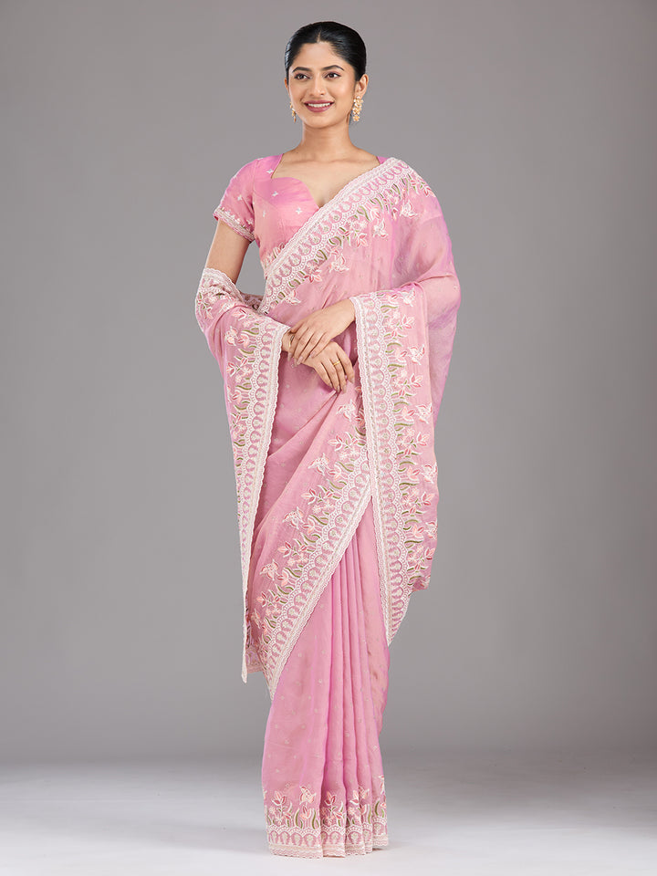 Onion Pink Chiffon Threadwork Saree With Matching Blouse Piece