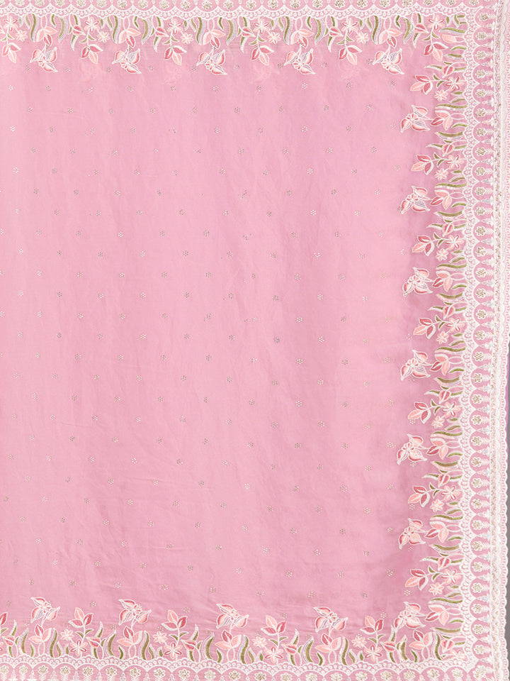 Onion Pink Chiffon Threadwork Saree With Matching Blouse Piece
