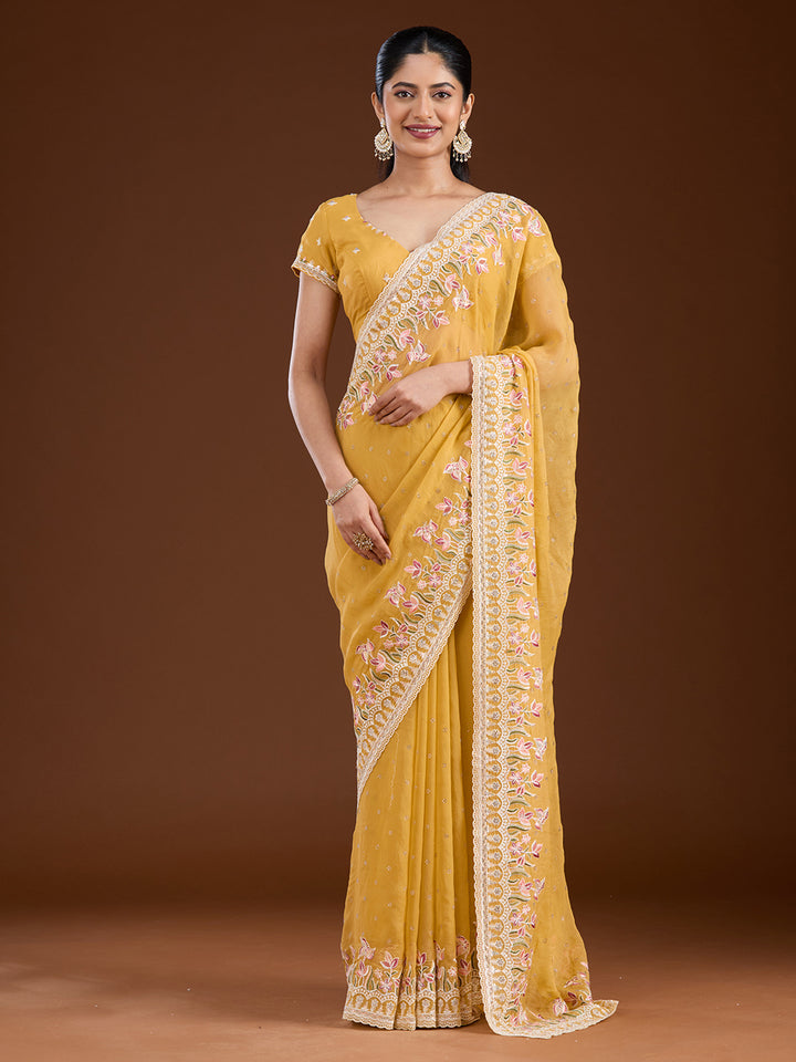 Yellow Threadwork Chiffon Saree