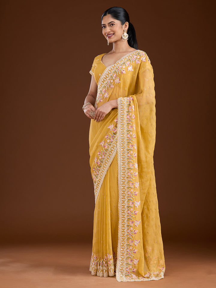 Yellow Threadwork Chiffon Saree