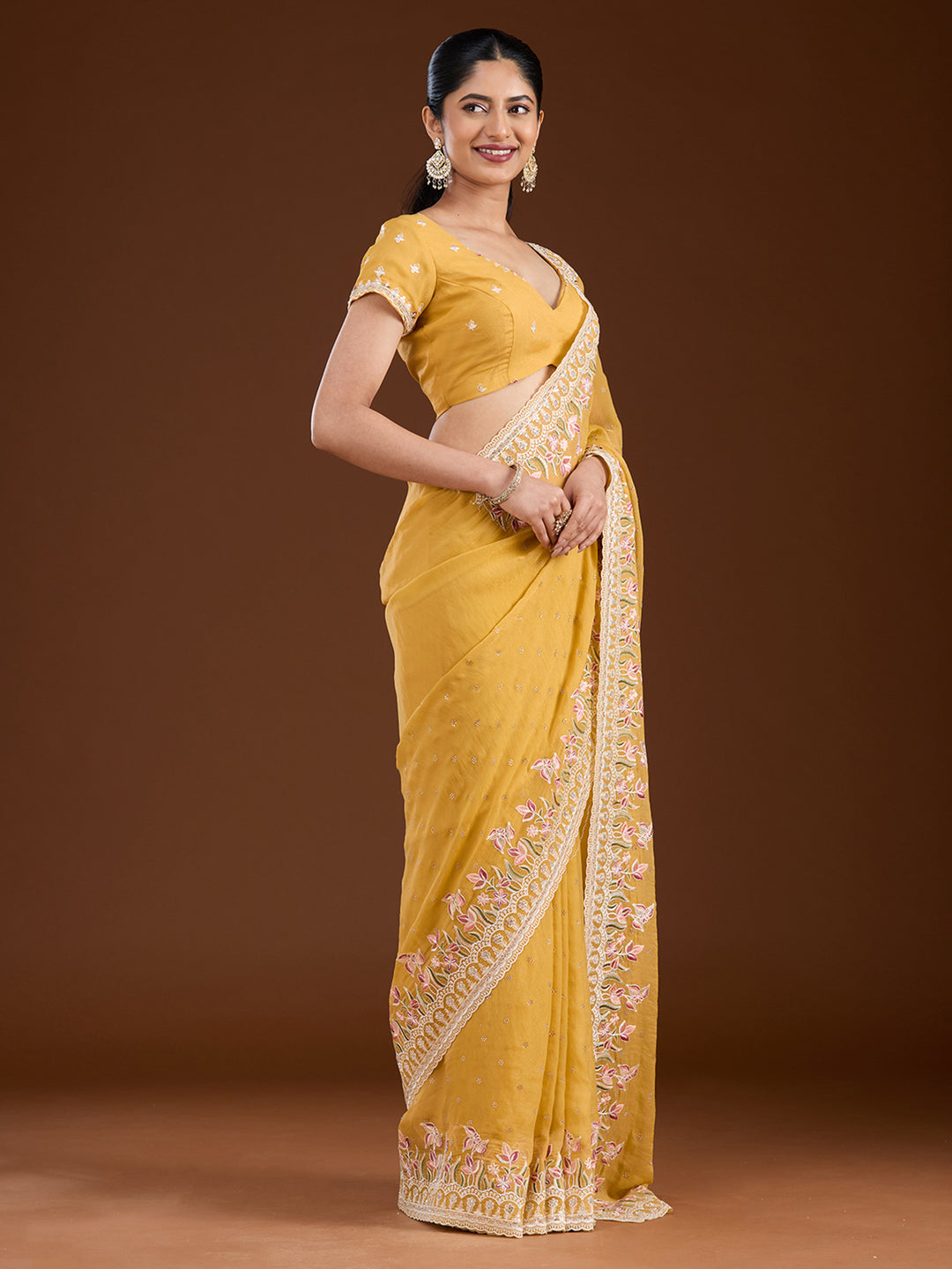 Yellow Threadwork Chiffon Saree