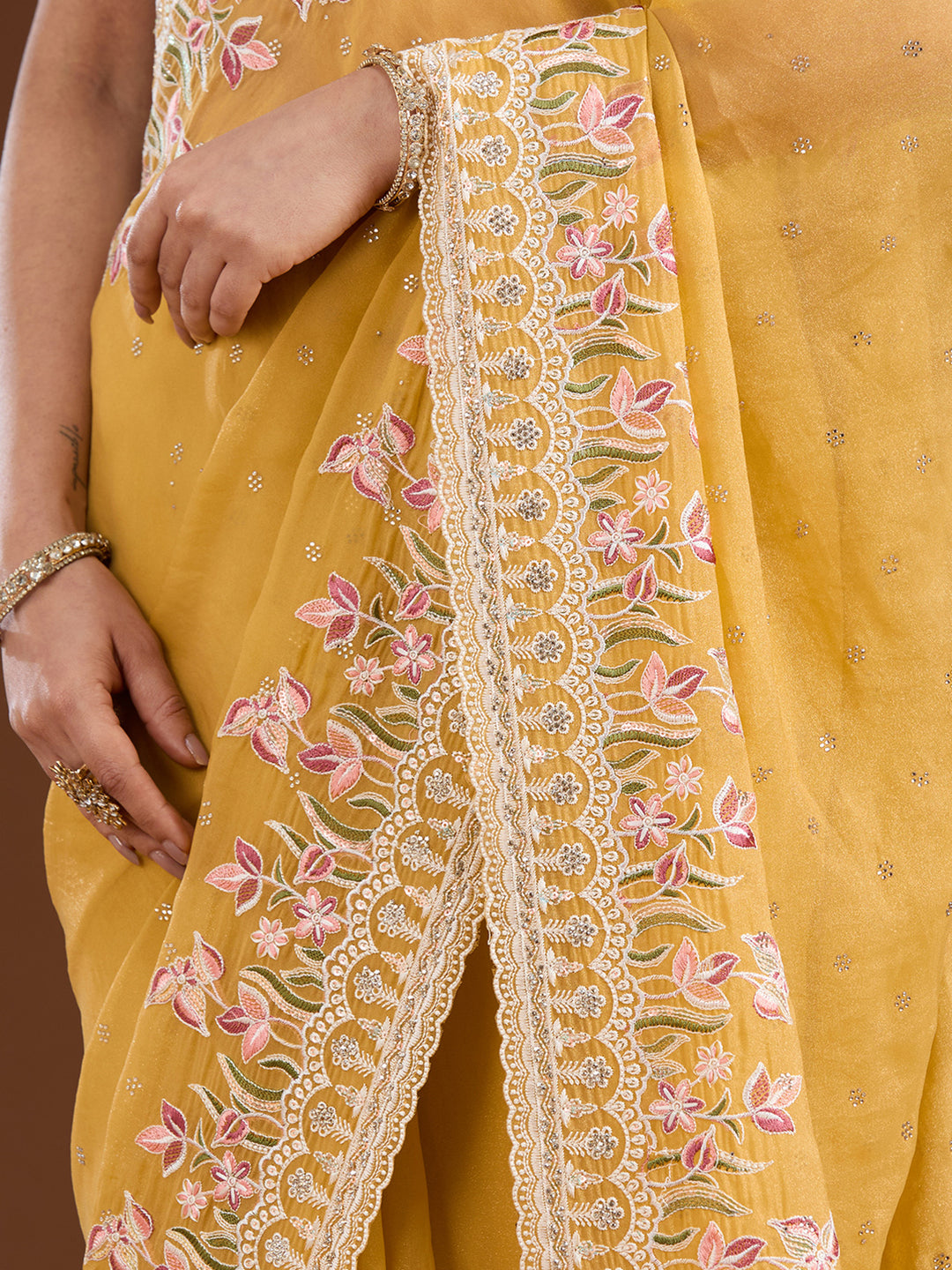 Yellow Threadwork Chiffon Saree